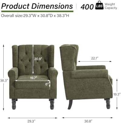Chenille Wingback Accent Chair, Tufted High Back Armchair, Green in Green, alternate view 2
