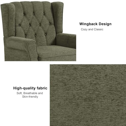 Chenille Wingback Accent Chair, Tufted High Back Armchair, Green in Green, alternate view 4