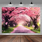 Cherry Blossom Flowers Backdrop for Photography, Spring Scenery Cherry Blossom Pink Butterflies Wedding Bridal