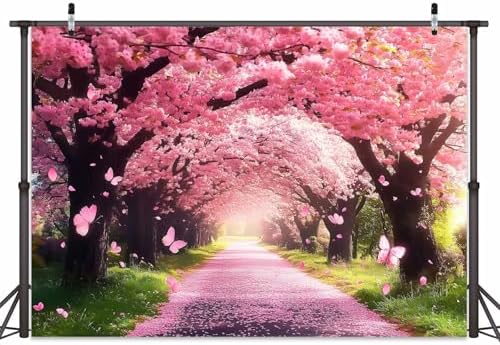 Cherry Blossom Flowers Backdrop for Photography, Spring Scenery Cherry Blossom Pink Butterflies Wedding Bridal, alternate