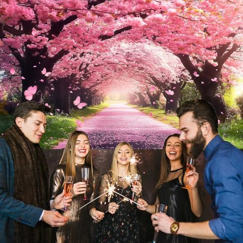 Cherry Blossom Flowers Backdrop for Photography, Spring Scenery Cherry Blossom Pink Butterflies Wedding Bridal, alternate