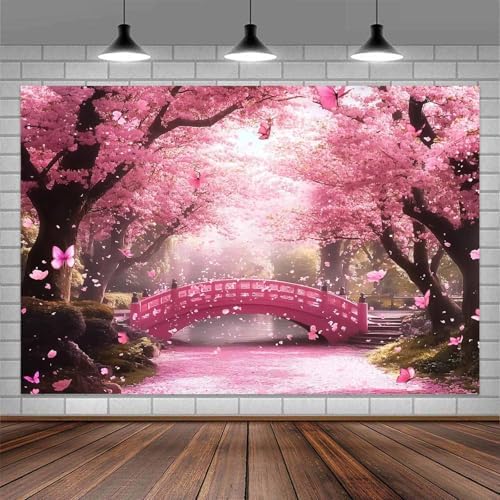 Cherry Blossom Flowers Backdrop for Photography, Spring Scenery Cherry Blossom River Bridge Garden Nature