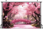 Cherry Blossom Flowers Backdrop for Photography, Spring Scenery Cherry Blossom River Bridge Garden Nature, alternate view 2