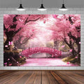 Cherry Blossom Flowers Backdrop for Photography, Spring Scenery Cherry Blossom River Bridge Garden Nature