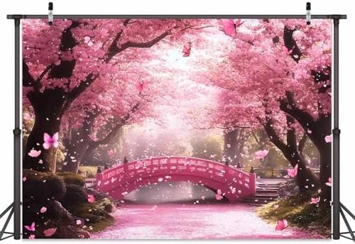 Cherry Blossom Flowers Backdrop for Photography, Spring Scenery Cherry Blossom River Bridge Garden Nature, alternate view 2