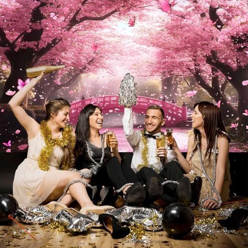 Cherry Blossom Flowers Backdrop for Photography, Spring Scenery Cherry Blossom River Bridge Garden Nature, alternate view 3