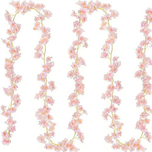 Cherry Blossom Garland 2 Pack, 5.9Ft Fake Cherry Flower Vines Silk Hanging Floral Garland, Artificial Pink