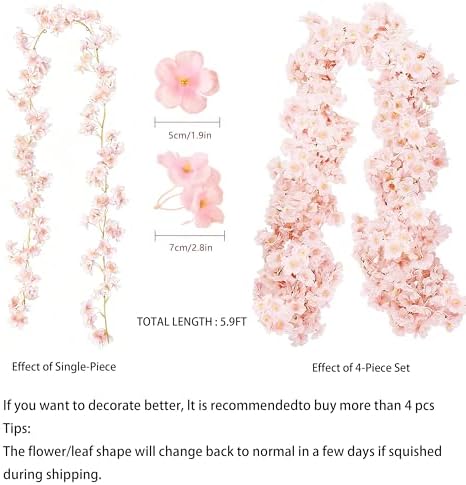 Cherry Blossom Garland 2 Pack, 5.9Ft Fake Cherry Flower Vines Silk Hanging Floral Garland, Artificial Pink, alternate view 2