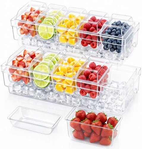 Chilled Condiment Container 2Pcs, Individual Lids & Handle Design in 15.7''L x 6.2''W x 5.1''H in Transparent