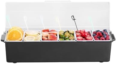 Chilled Condiment Server, 6 Compartment Ice Cooled Condiment Serving Container, Chilled Garnish Tray Bar Caddy