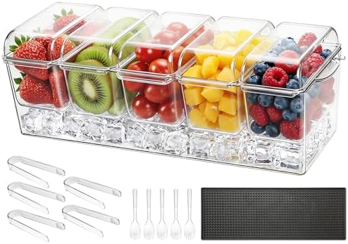 Chilled Condiment Server Caddy, 5 Compartment Ice Cooled Serving Container, Plastic Fruit Garnish Tray Platter