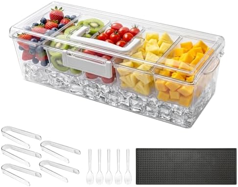 Chilled Condiment Server Caddy, 5 Compartment Ice Cooled Serving Container, Plastic Fruit Garnish Tray Platter