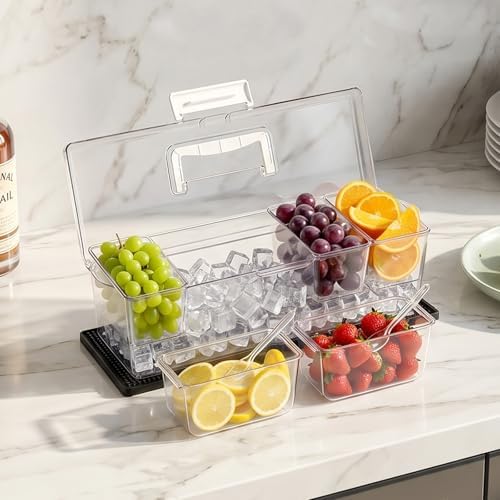 Chilled Condiment Server Caddy, 5 Compartment Ice Cooled Serving Container, Plastic Fruit Garnish Tray Platter, alternate