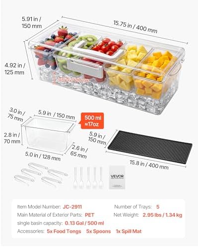 Chilled Condiment Server Caddy, 5 Compartment Ice Cooled Serving Container, Plastic Fruit Garnish Tray Platter, alternate