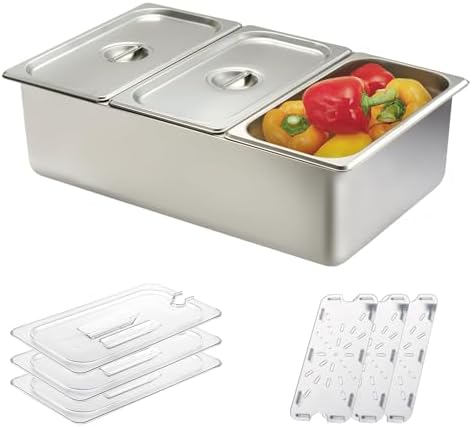 Chilled Condiment Server with Lid, 3-Compartment Stainless Steel Chilled Serving Tray with Lids, Commercial Food