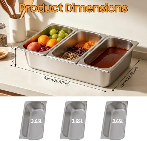 Chilled Condiment Server with Lid, 3-Compartment Stainless Steel Chilled Serving Tray with Lids, Commercial Food, alternate
