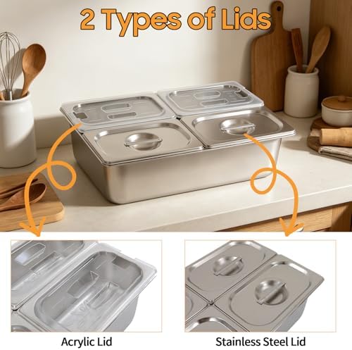Chilled Condiment Server with Lid, 4-Compartment Stainless Steel Chilled Serving Tray, Countertop Cold Condiment, alternate