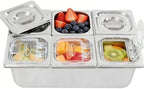 Chilled Condiment Server with Lid, 6-Compartment Stainless Steel Chilled Serving Tray, Commercial Food Storage