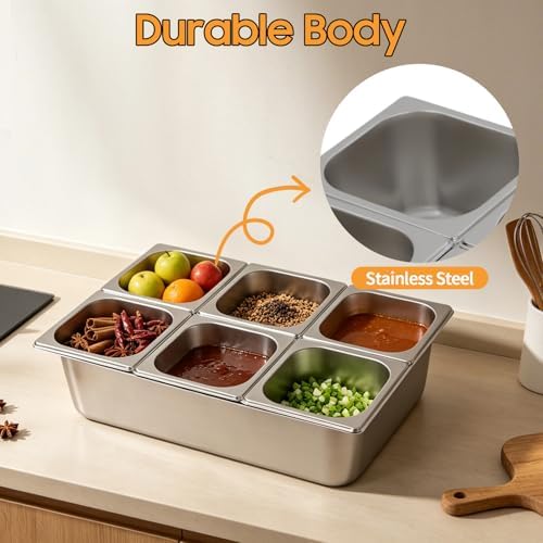 Chilled Condiment Server with Lid, 6-Compartment Stainless Steel Chilled Serving Tray, Commercial Food Storage, alternate