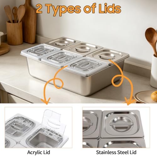 Chilled Condiment Server with Lid, 6-Compartment Stainless Steel Chilled Serving Tray, Commercial Food Storage, alternate