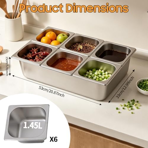 Chilled Condiment Server with Lid, 6-Compartment Stainless Steel Chilled Serving Tray, Commercial Food Storage, alternate