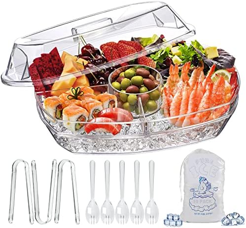Chilled Serving Tray, 15" Clear Plastic Party Platter with 4 Compartments, Ice Serving Bowl with Lid, Shrimp