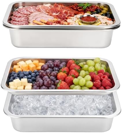 Chilled Serving Tray for Party, Cooling Platter with Ice Bowl, 2 Set in Silver