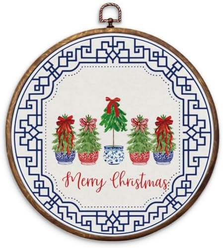 Chinoiserie Christmas Tree Round Framed Wall Art 10"x10"