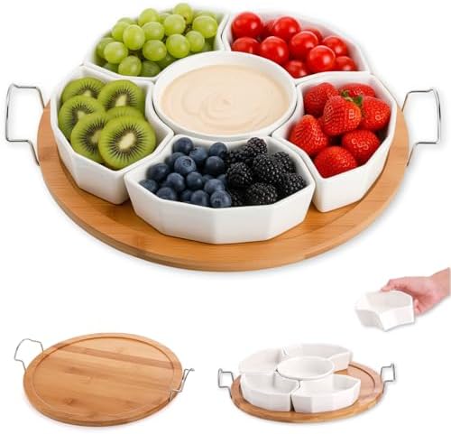 Chip and Dip Serving Set, 11'' Divided Serving Platters Tray for Party, 6-Compartment Removable Appetizer Snack