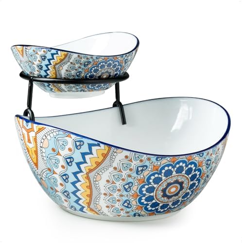 Chip and Dip Serving Set, 2 Tierd Serving Bowl Set in 2-tier oval bowl in Light-colored Boho