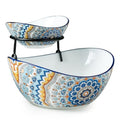 Chip and Dip Serving Set, 2 Tierd Serving Bowl Set in 2-tier oval bowl in Light-colored Boho