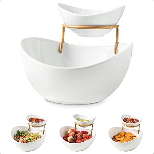 Chip and Dip Serving Set 2 Tiered Chip Dip Bowls with Metal Rack in 2 - Tier Oval Bowl Set in Gold