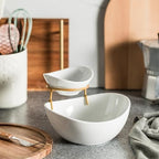 Chip and Dip Serving Set 2 Tiered Chip Dip Bowls with Metal Rack in 2 - Tier Oval Bowl Set in Gold, alternate view 2
