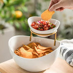 Chip and Dip Serving Set 2 Tiered Chip Dip Bowls with Metal Rack in 2 - Tier Oval Bowl Set in Gold, alternate view 5