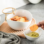 Chip and Dip Serving Set 2 Tiered Chip Dip Bowls with Metal Rack in 2 - Tier Oval Bowl Set in Gold, alternate view 6