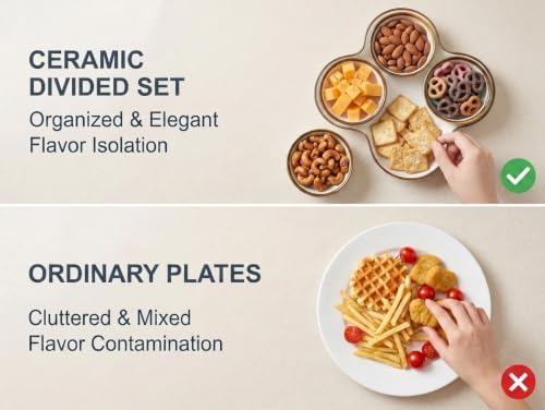 Chip and Dip Serving Set, 8.5 inch Ceramic Divided Serving Platter Small Appetizer Tray with 4 Removable Dishes, alternate