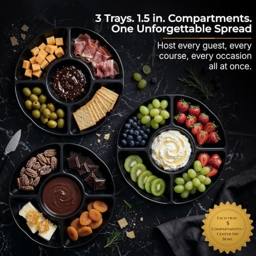 Chip and Dip Serving Set Divided Serving Platter Appetizers and Cheeses Serving Tray Black Compartment Dishes, alternate view