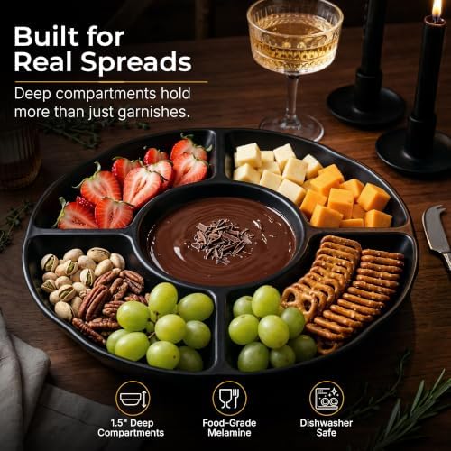 Chip and Dip Serving Set Divided Serving Platter Appetizers and Cheeses Serving Tray Black Compartment Dishes, alternate view