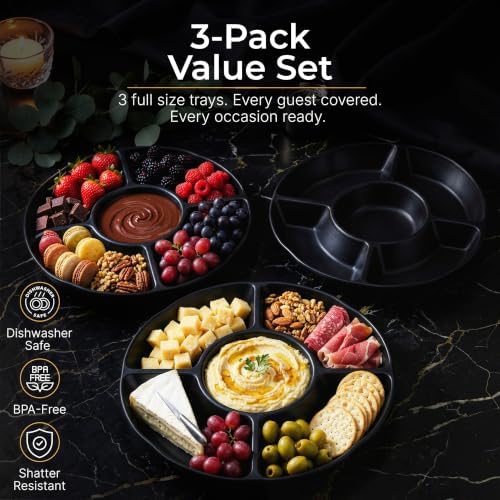Chip and Dip Serving Set Divided Serving Platter Appetizers and Cheeses Serving Tray Black Compartment Dishes, alternate view