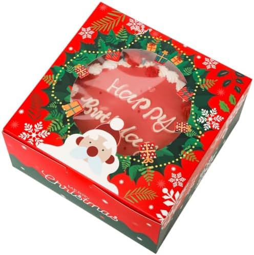 Christmas 10x10x5 inch Cake Box with Window Bakery Box 4pcs Pastry Box for Christmas's Day in 10x10x5 Inch in