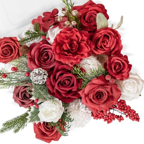 Christmas Artificial Flowers Greenery Combo, Poinsettia Rose Red in Poinsettia