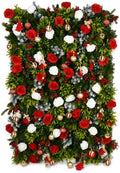 Christmas Backdrop Wall Decor, 6 Interlocking 19.69 x 19.69 Inch Floral Panels with Red and White Roses, Bells