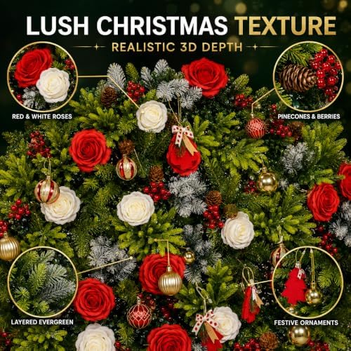 Christmas Backdrop Wall Decor, 6 Interlocking 19.69 x 19.69 Inch Floral Panels with Red and White Roses, Bells, alternate