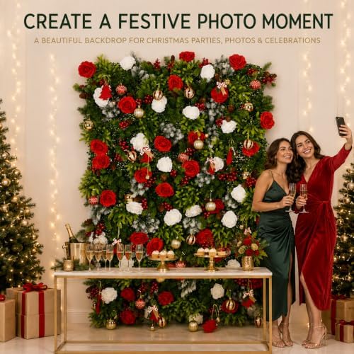 Christmas Backdrop Wall Decor, 6 Interlocking 19.69 x 19.69 Inch Floral Panels with Red and White Roses, Bells, alternate