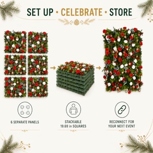 Christmas Backdrop Wall Decor, 6 Interlocking 19.69 x 19.69 Inch Floral Panels with Red and White Roses, Bells, alternate