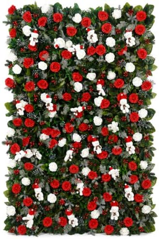 Christmas Backdrop Wall Decor, 6 Interlocking 19.69 x 19.69 Inch Floral Panels with Red and White Roses, Teddy