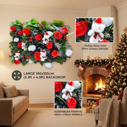 Christmas Backdrop Wall Decor, 6 Interlocking 19.69 x 19.69 Inch Floral Panels with Red and White Roses, Teddy, alternate