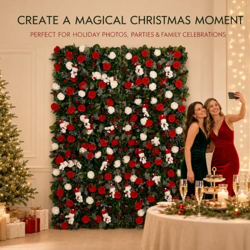 Christmas Backdrop Wall Decor, 6 Interlocking 19.69 x 19.69 Inch Floral Panels with Red and White Roses, Teddy, alternate