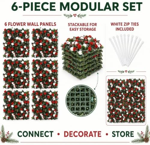 Christmas Backdrop Wall Decor, 6 Interlocking 19.69 x 19.69 Inch Floral Panels with Red and White Roses, Teddy, alternate