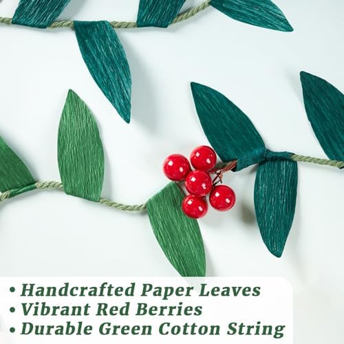 Christmas Banner Garlands 2 Pcs, with Handcrafted Paper Leaves and Decorative Red Berries, Paper Greenery, alternate view 2
